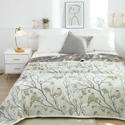 Couette réversible en coton avec motif d'aubépine et d'oiseau