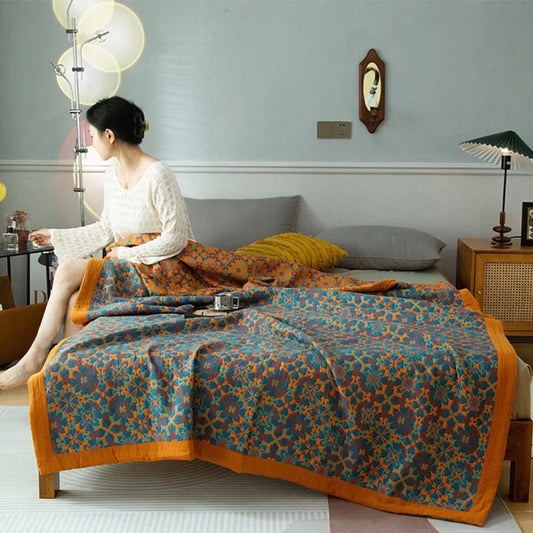 Couette en coton à six couches avec motif orange et bleu