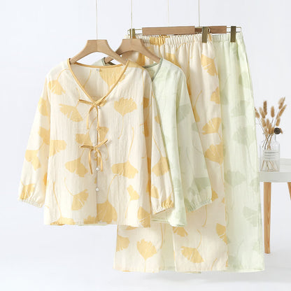 Ensemble de vêtements d'intérieur en coton avec nœud en feuille de ginkgo