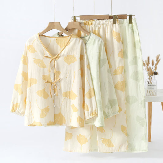 Ensemble de vêtements d'intérieur en coton avec nœud en feuille de ginkgo