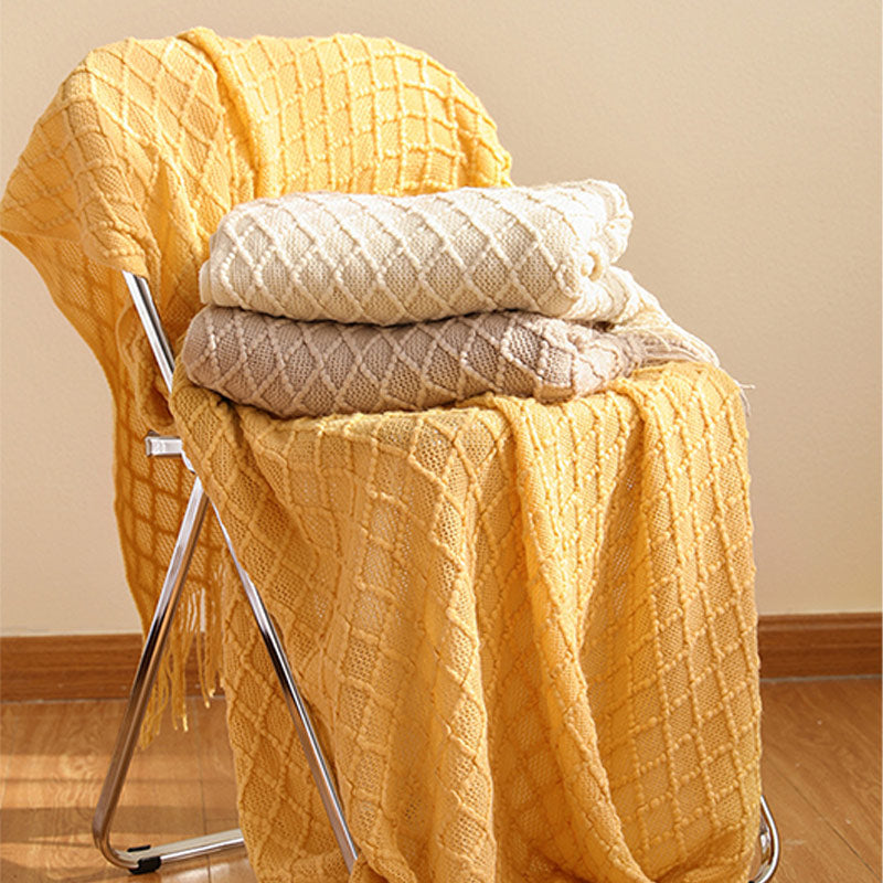 Ownkoti – Couverture tricotée avec motif prisme et pompons