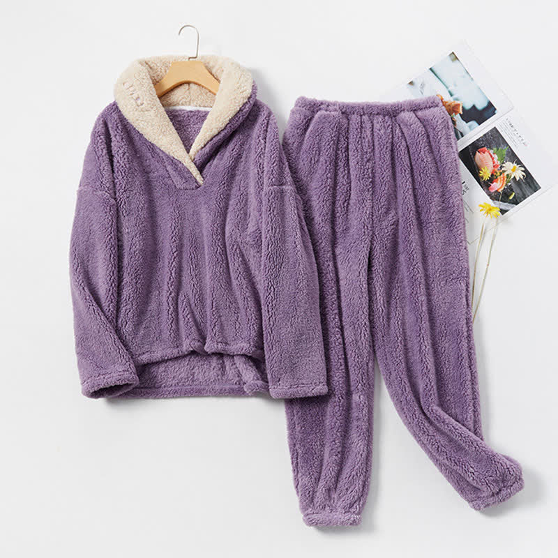 Ownkoti Ensemble de vêtements d'intérieur simple et chaud à col en V pour l'hiver