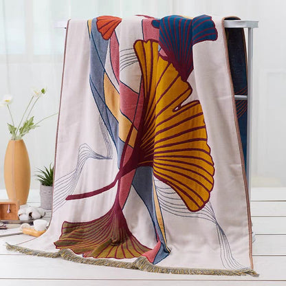Serviette de bain en gaze de coton avec pompon en feuille de ginkgo