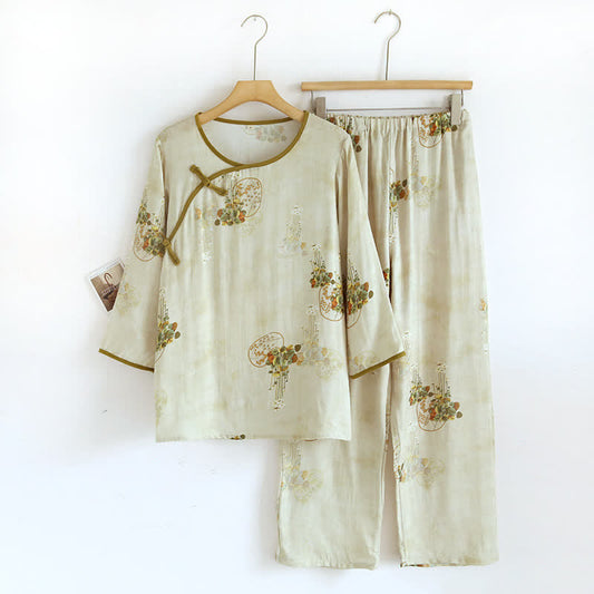 Ensemble pyjama rétro fleuri en fibre de bambou