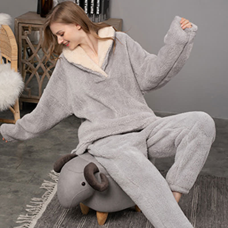 Ownkoti Ensemble de vêtements d'intérieur simple et chaud à col en V pour l'hiver