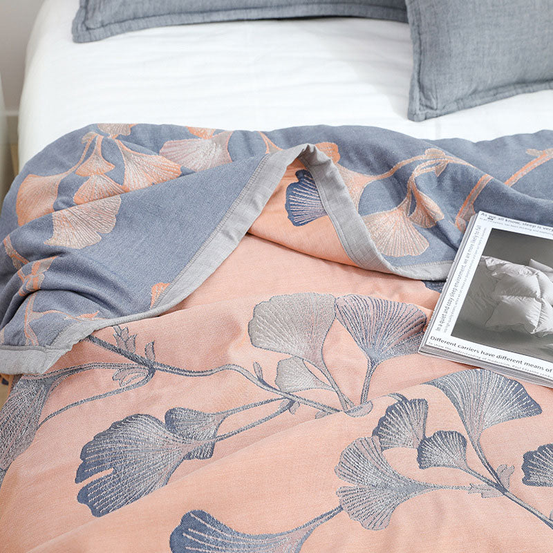 Couette réversible en gaze de coton avec feuilles de ginkgo