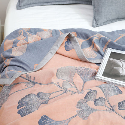 Couette réversible en gaze de coton avec feuilles de ginkgo