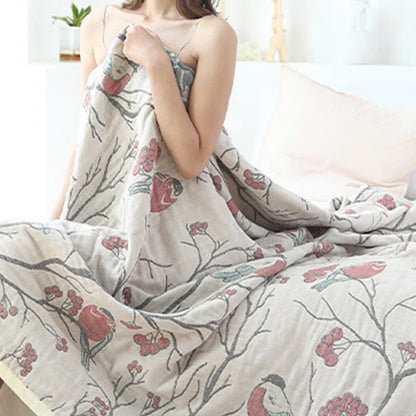 Couette réversible en coton avec motif d'aubépine et d'oiseau
