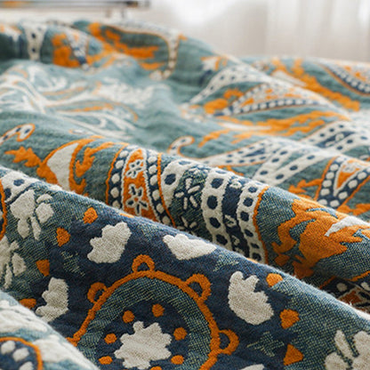 Ownkoti – Couette double face en coton à motif floral cyan foncé