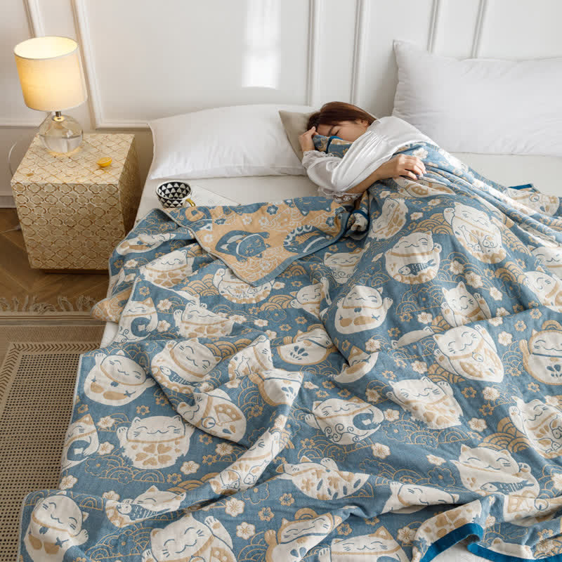 Couverture réversible respirante en gaze de coton avec motif chat