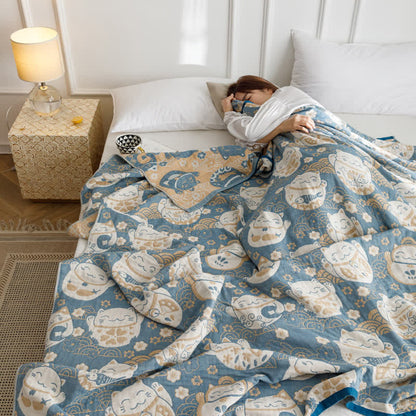 Couverture réversible respirante en gaze de coton avec motif chat