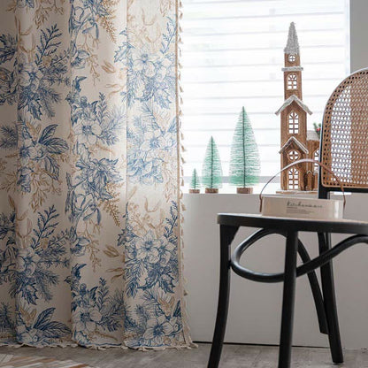 Rideau filtrant la lumière Ownkoti avec motif en bois de pin et fleurs bleues