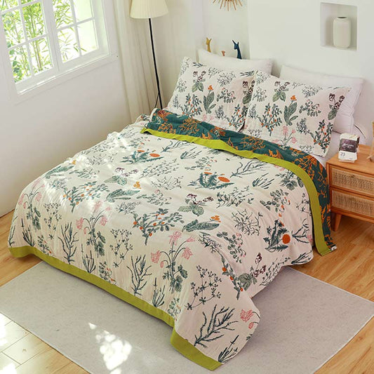 Couette réversible en coton doux avec fleurs et plantes