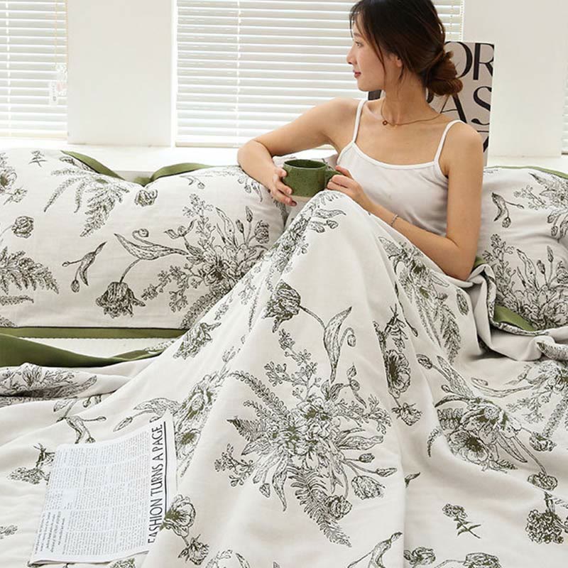Couette réversible en coton avec fleurs et feuilles pastorales