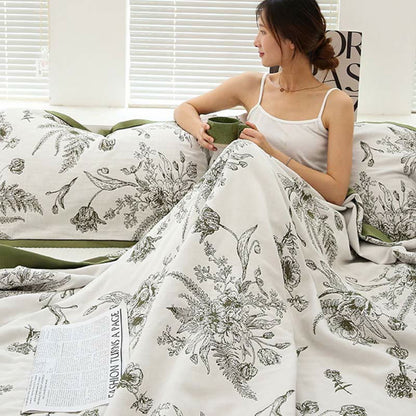 Couette réversible en coton avec fleurs et feuilles pastorales
