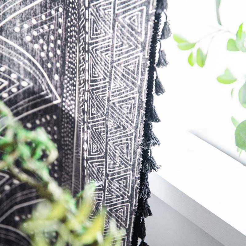 Rideaux bohèmes Ownkoti à motifs géométriques, en coton, avec pompons, noir