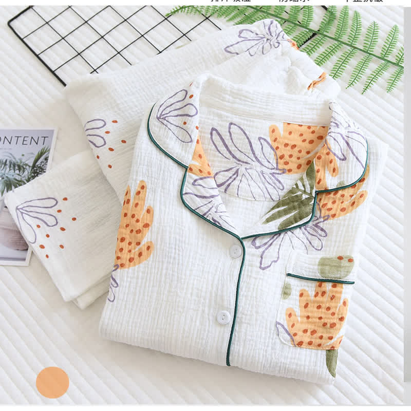 Ensemble pyjama en pur coton à motif feuilles et manches longues