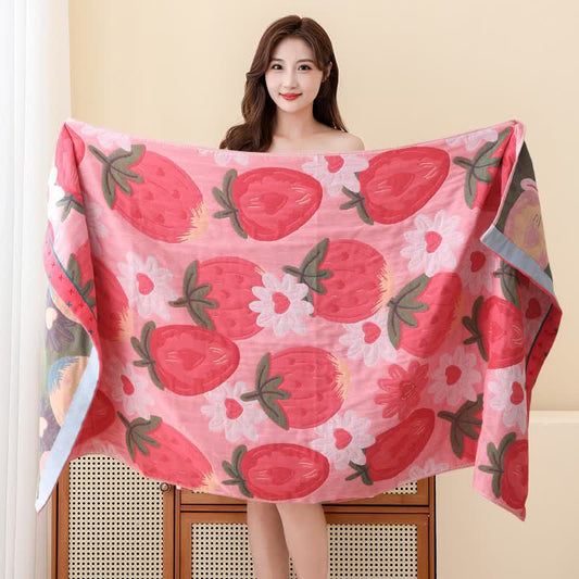 Serviette de bain réversible en coton à motif fraise et floral