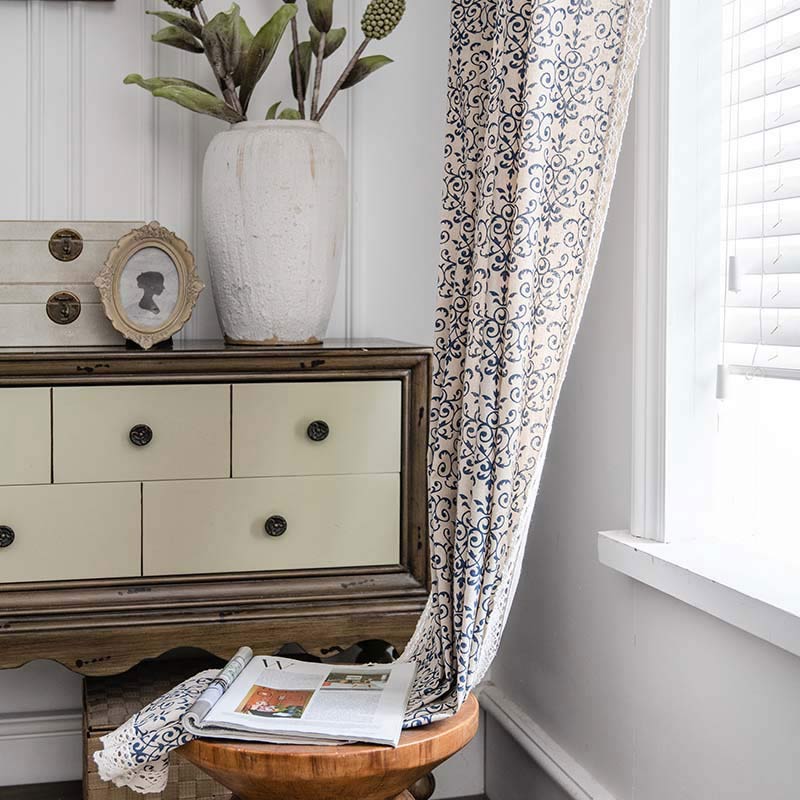 Rideau Boho Ownkoti à motif bleu, semi-occultant