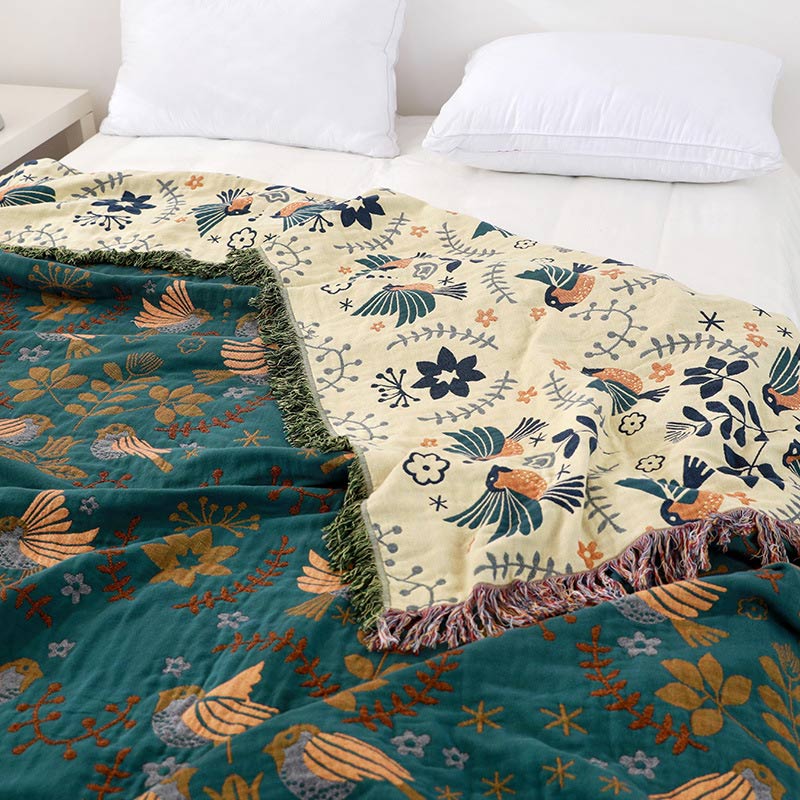 Couverture réversible respirante Ownkoti Boho avec fleurs et oiseaux