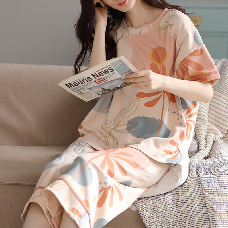 Ensemble de vêtements d'intérieur en coton à imprimé floral et feuilles
