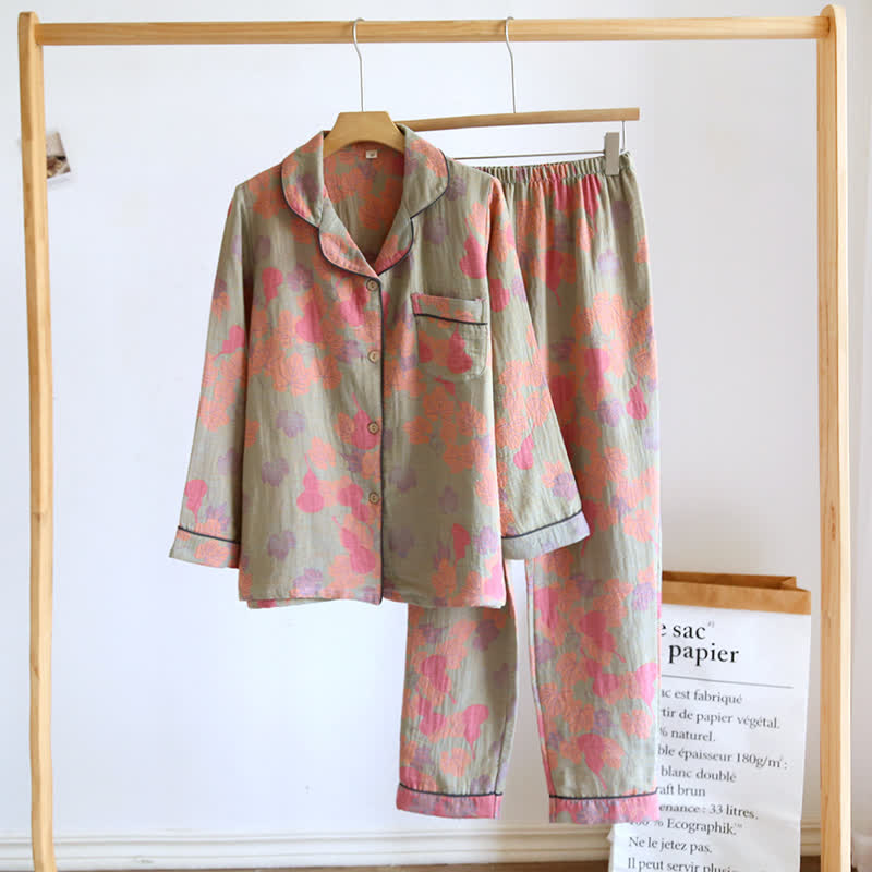 Ensemble pyjama à manches longues en coton gourde - Vert - XL femme - image 13