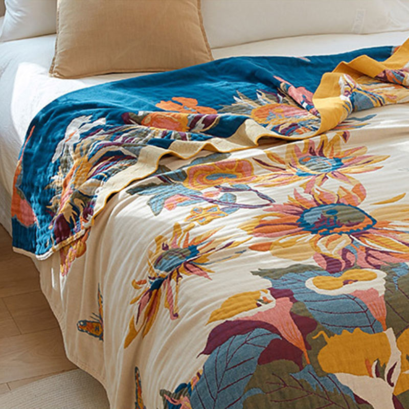 Couette réversible en coton à motif papillon et fleur