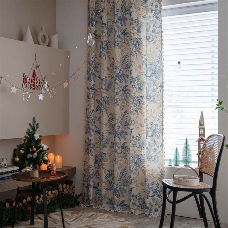 Rideau filtrant la lumière Ownkoti avec motif en bois de pin et fleurs bleues