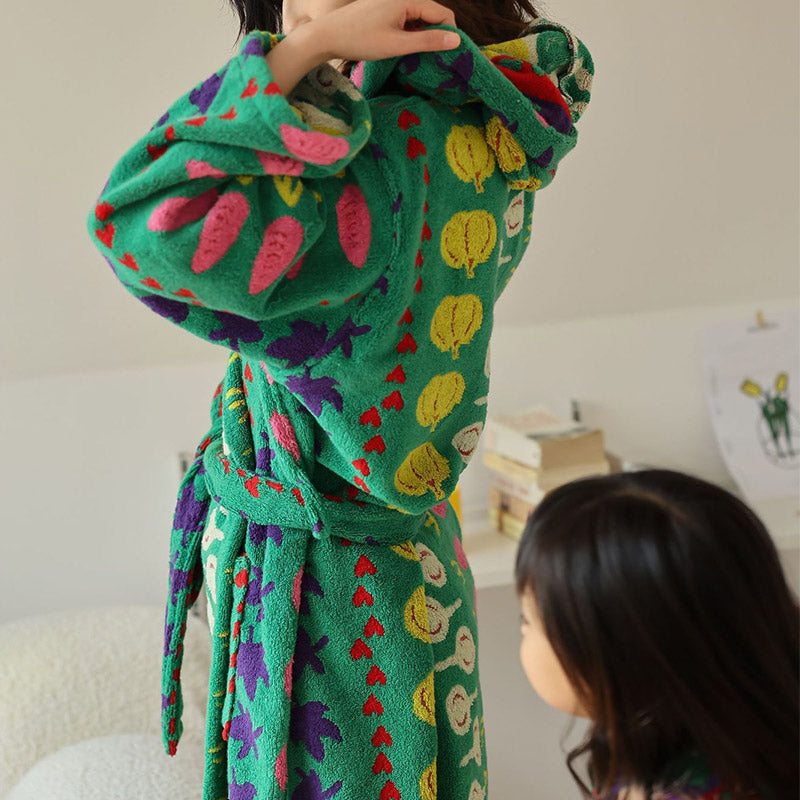 Peignoir en coton avec capuche et motif végétal coloré