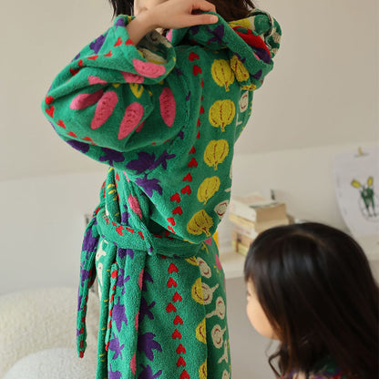 Peignoir en coton avec capuche et motif végétal coloré