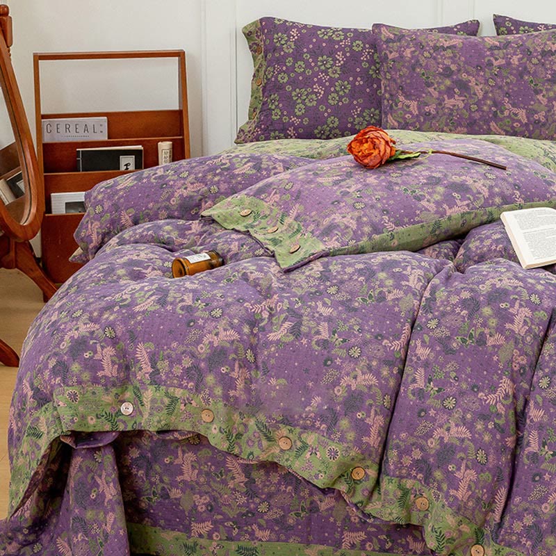 Parure de lit en coton violet à fleurs bohèmes (4 pièces)
