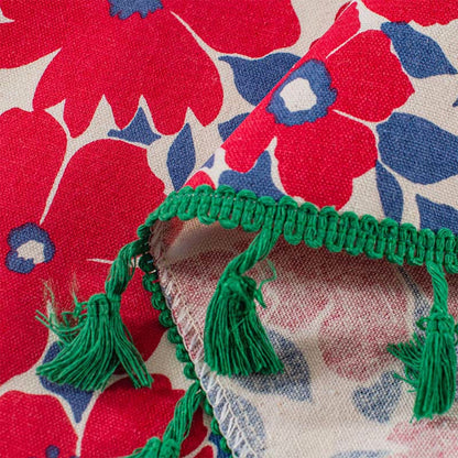 Rideau à plusieurs niveaux à imprimé floral rouge avec pompons