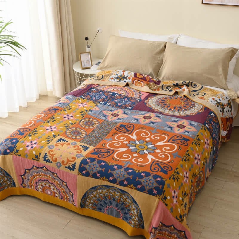 Couverture réversible en coton Ownkoti avec motif à carreaux et fleurs colorées