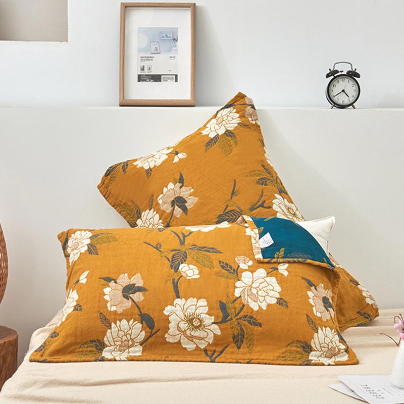 Serviette oreiller en gaze de coton à fleurs jaunes (2 pièces)