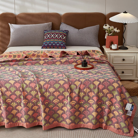Couverture réversible en coton à trois couches avec feuilles de ginkgo