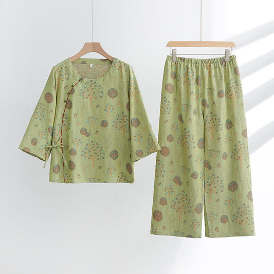 Ensemble de vêtements d'intérieur en coton jacquard avec imprimé feuilles d'arbre - Vert - XL - image 1