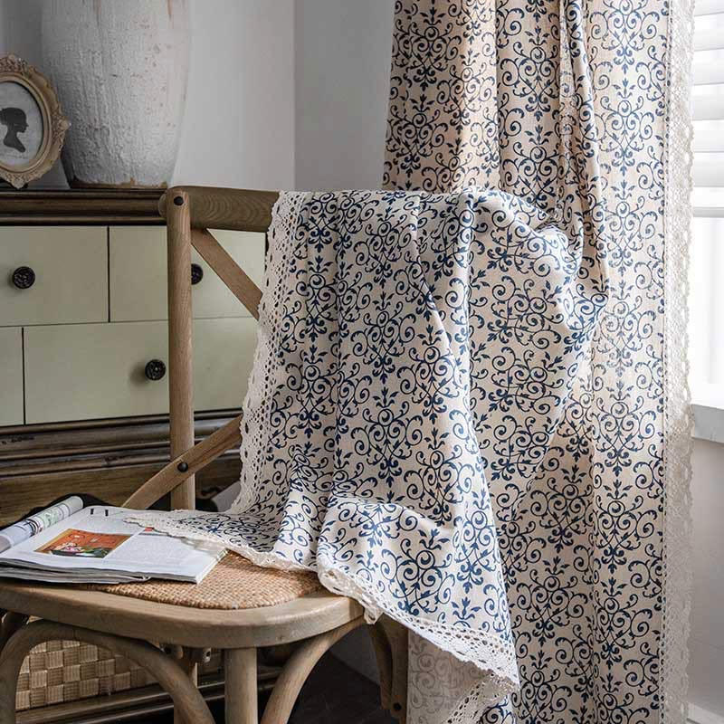 Rideau Boho Ownkoti à motif bleu, semi-occultant