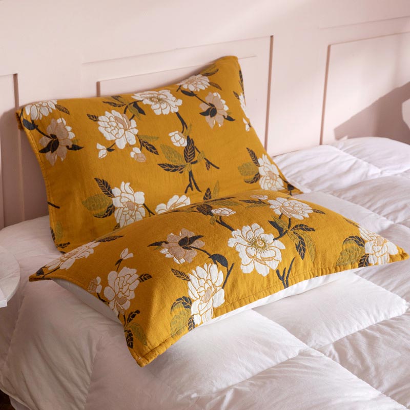 Serviette oreiller en gaze de coton à fleurs jaunes (2 pièces)