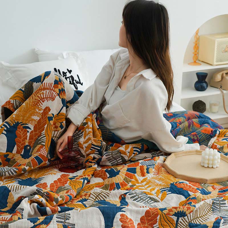 Ownkoti Couverture douce en coton réversible avec oiseaux et fleurs