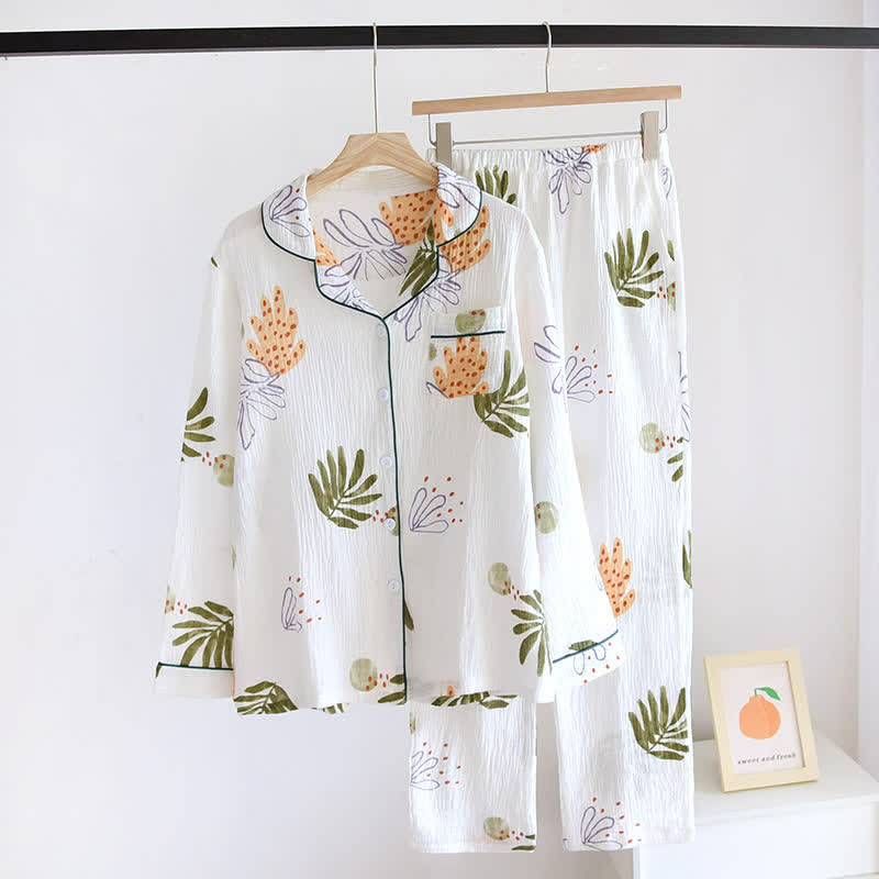 Ensemble pyjama en pur coton à motif feuilles et manches longues