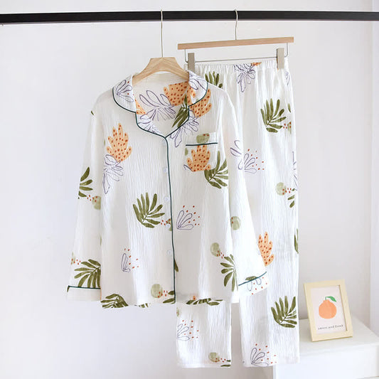 Ensemble pyjama en pur coton à motif feuilles et manches longues