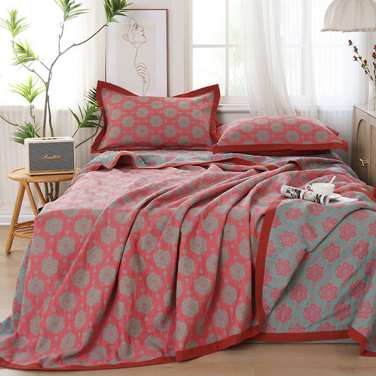 Couette réversible en gaze de coton tissée à motif floral - 2 taies d'oreiller - Rouge et bleu marine - 50 cm x 80 cm - image 0
