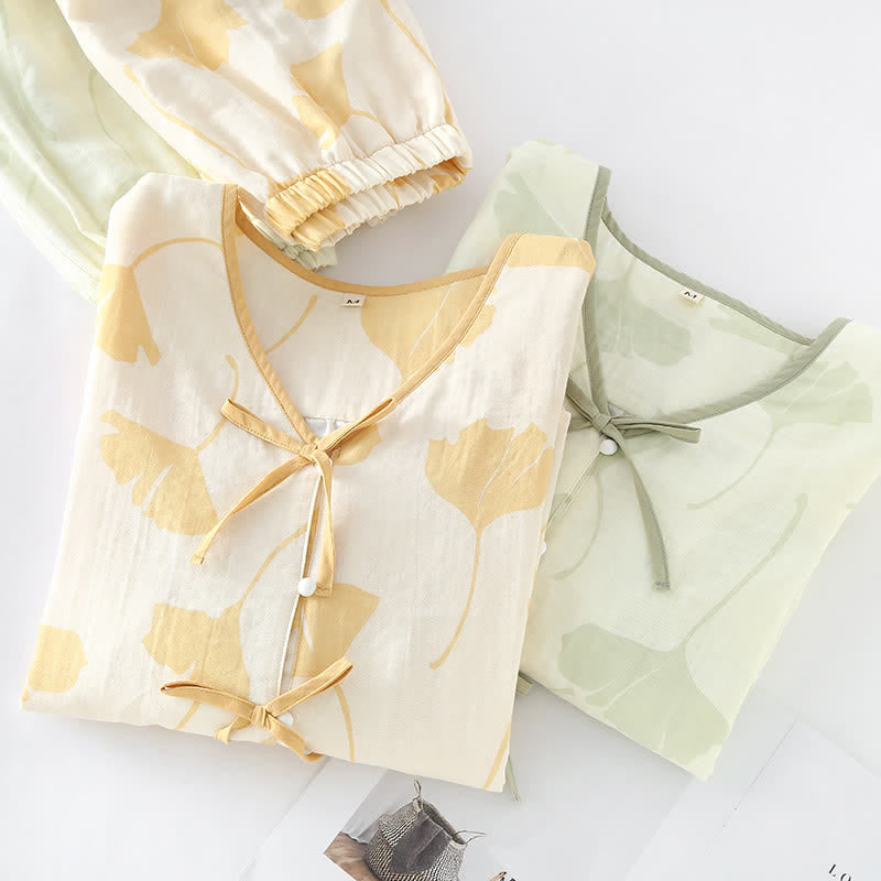 Ensemble de vêtements d'intérieur en coton avec nœud en feuille de ginkgo