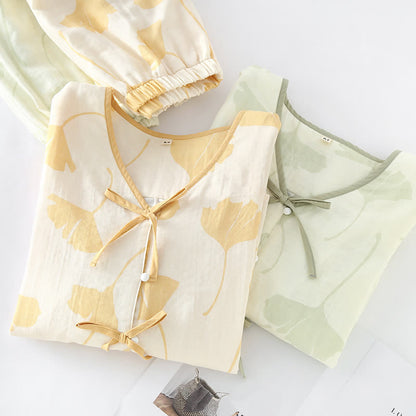 Ensemble de vêtements d'intérieur en coton avec nœud en feuille de ginkgo